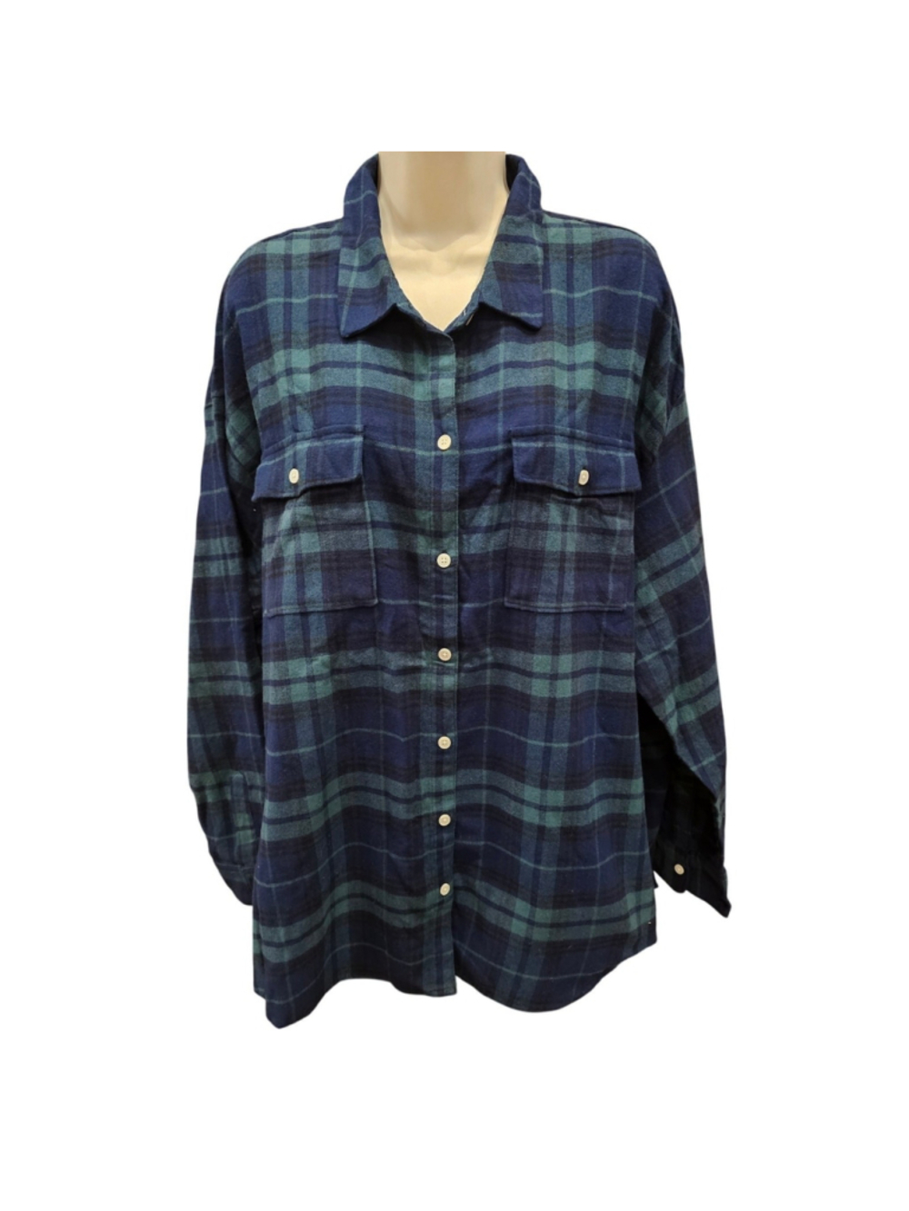 NWT Old navy The boyfriend XXL blue green plaid relaxed fit button up flannel - Picture 2 of 7